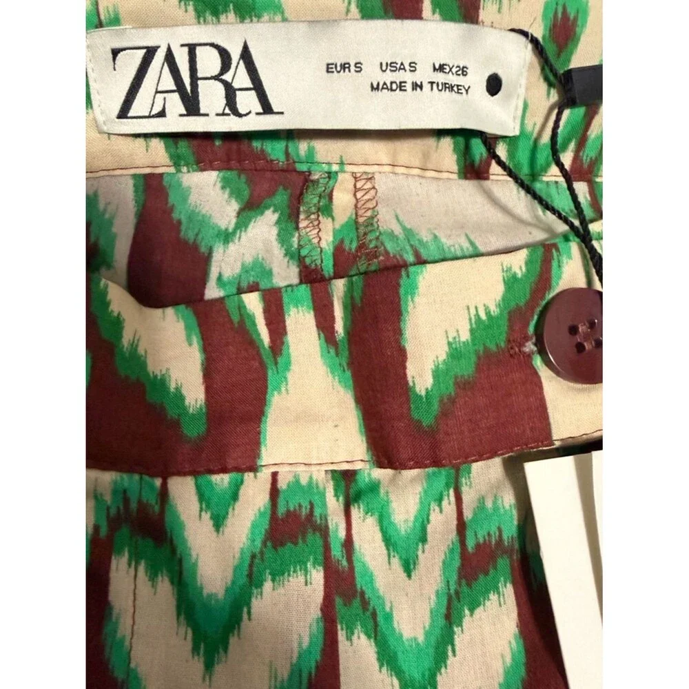 NEW Zara Retro The Selena Straight Pants Brown & Green Cotton Size Small